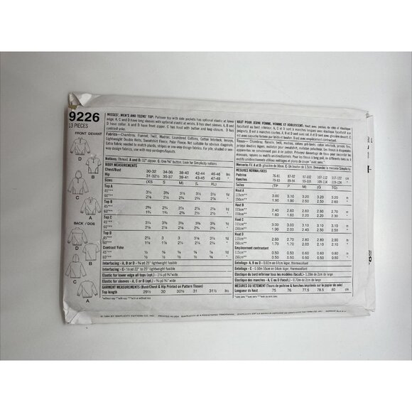 Simplicity Top Pullover 9226 XS S M Zip Jersey Flannel Cotton Fleece Pattern UC - Picture 2 of 2